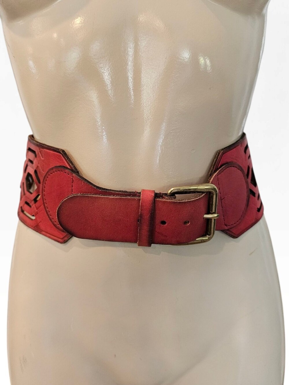 G. HENSLER Vtg Distressed Red Geometric Cut Out 3-1/4" Wide Statement Belt S